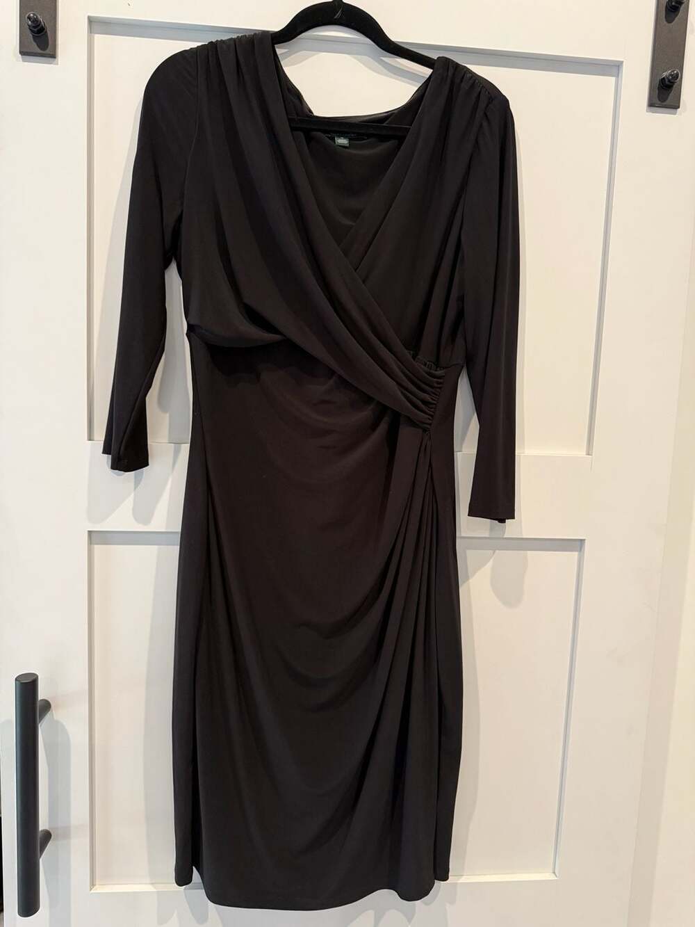 Lauren Ralph Lauren Black Jersey Faux Wrap Ruched Dress Size 14